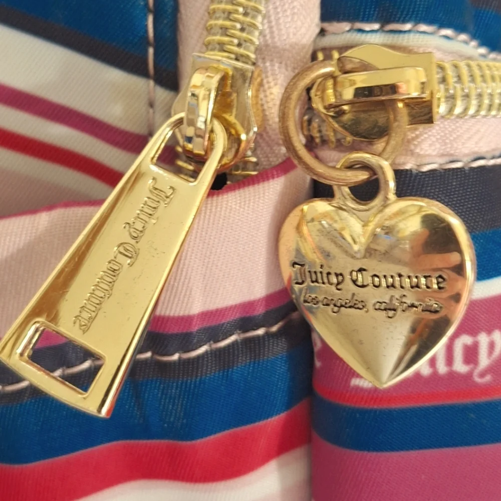 Juicy Couture Wild Heart Striped Full Size Backpack Gold Hardware Goth Text EUC